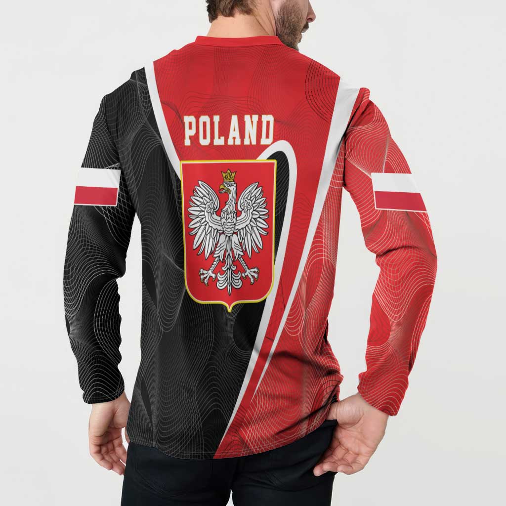Red and black back button sweatshirt with POLAND text, shield crest, and diagonal stripes