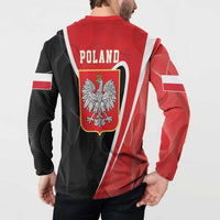 Red and black back button sweatshirt with POLAND text, shield crest, and diagonal stripes