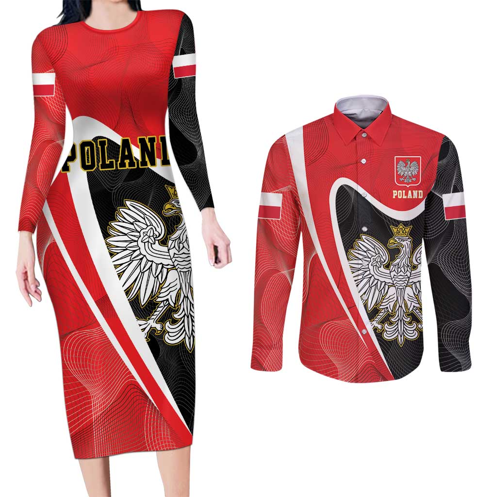 Poland White Crowned Eagle Couples Matching Long Sleeve Bodycon Dress and Long Sleeve Button Shirt Rzeczpospolita Polska