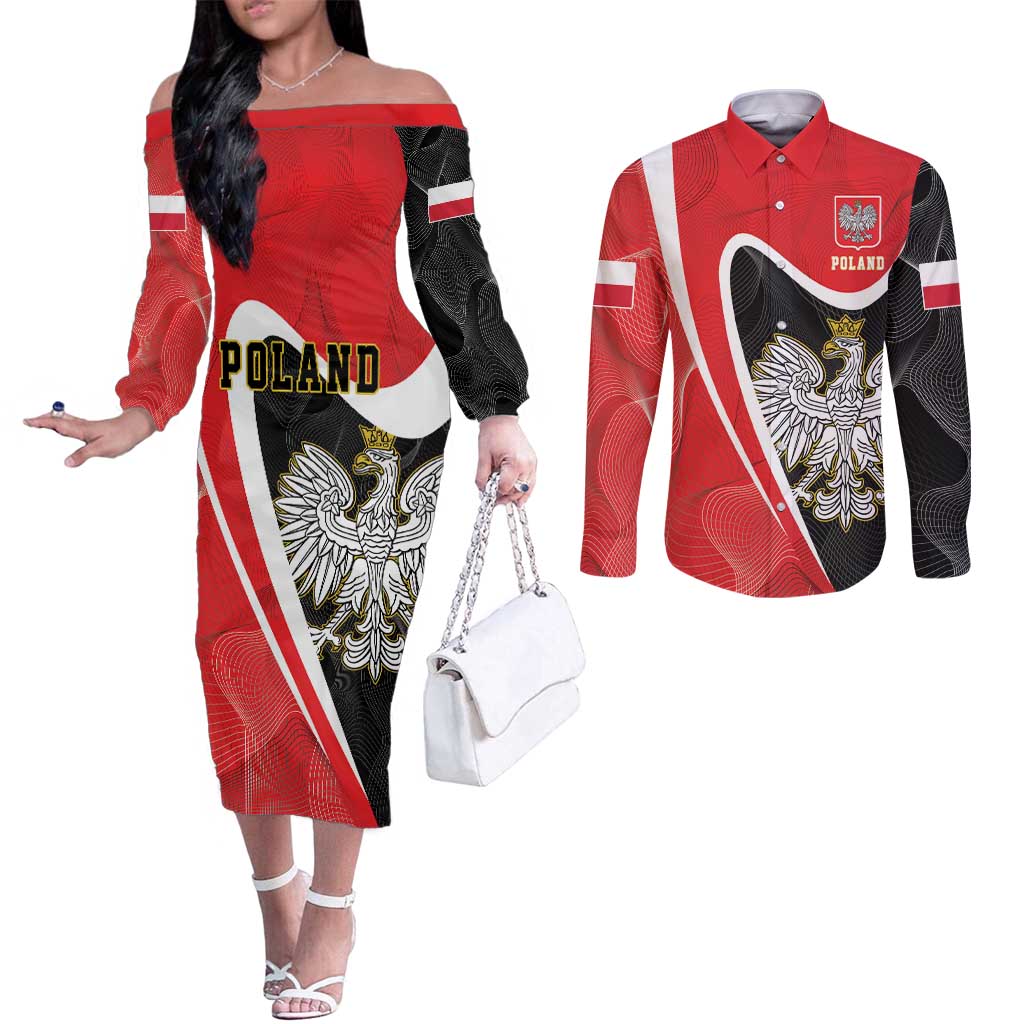 Poland White Crowned Eagle Couples Matching Off The Shoulder Long Sleeve Dress and Long Sleeve Button Shirt Rzeczpospolita Polska