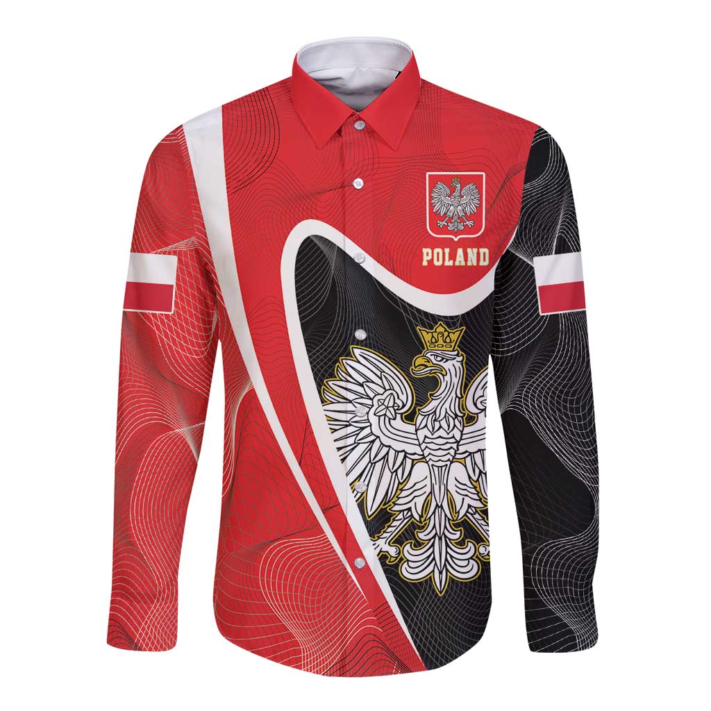 Red long-sleeve button shirt with Poland eagle crest and white diagonal stripe