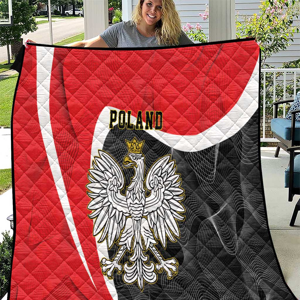 Poland flag quilt close-up with crowned eagle and white diagonal stripe, red and dark gray