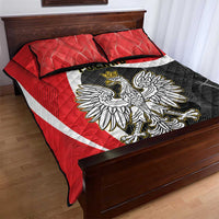 Red quilt bed set with crowned eagle and white flag stripes, black reverse panel