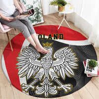 Red and black round carpet with crowned eagle emblem and “Poland” banner