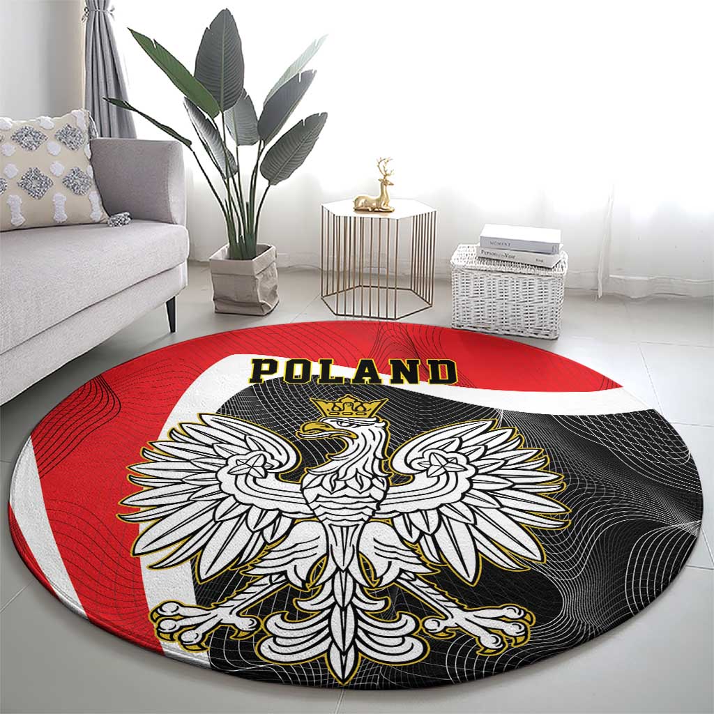 Round carpet with “Poland” text, white eagle wings, and red-and-black flag