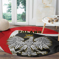 Round carpet with large crowned eagle graphic over red center and black background