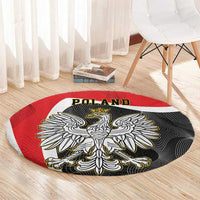 Red and black round carpet with crowned eagle design and “Poland” banner