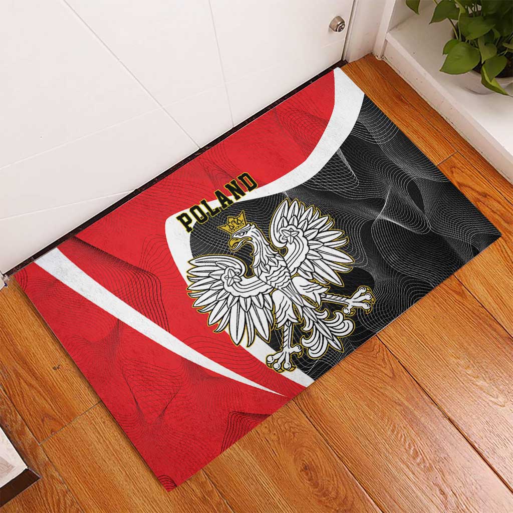 Red rubber doormat with Poland text and crowned eagle crest on flag design