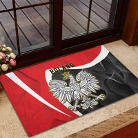 Red rubber doormat with Poland crowned eagle graphic and curved flag bands