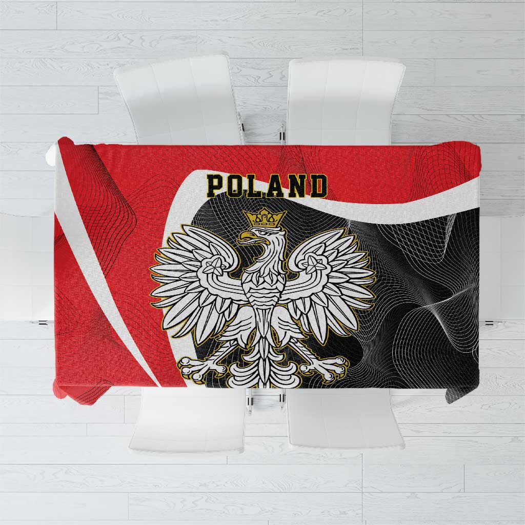 Red and black tablecloth featuring crowned Polish eagle and POLAND text