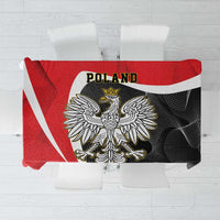 Red and black tablecloth featuring crowned Polish eagle and POLAND text