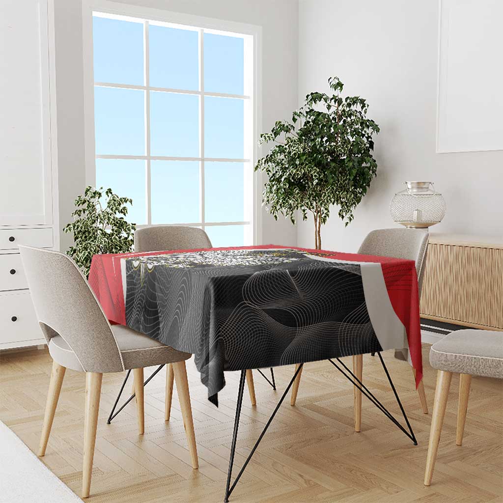 Red and black crowned eagle tablecloth with white wave border