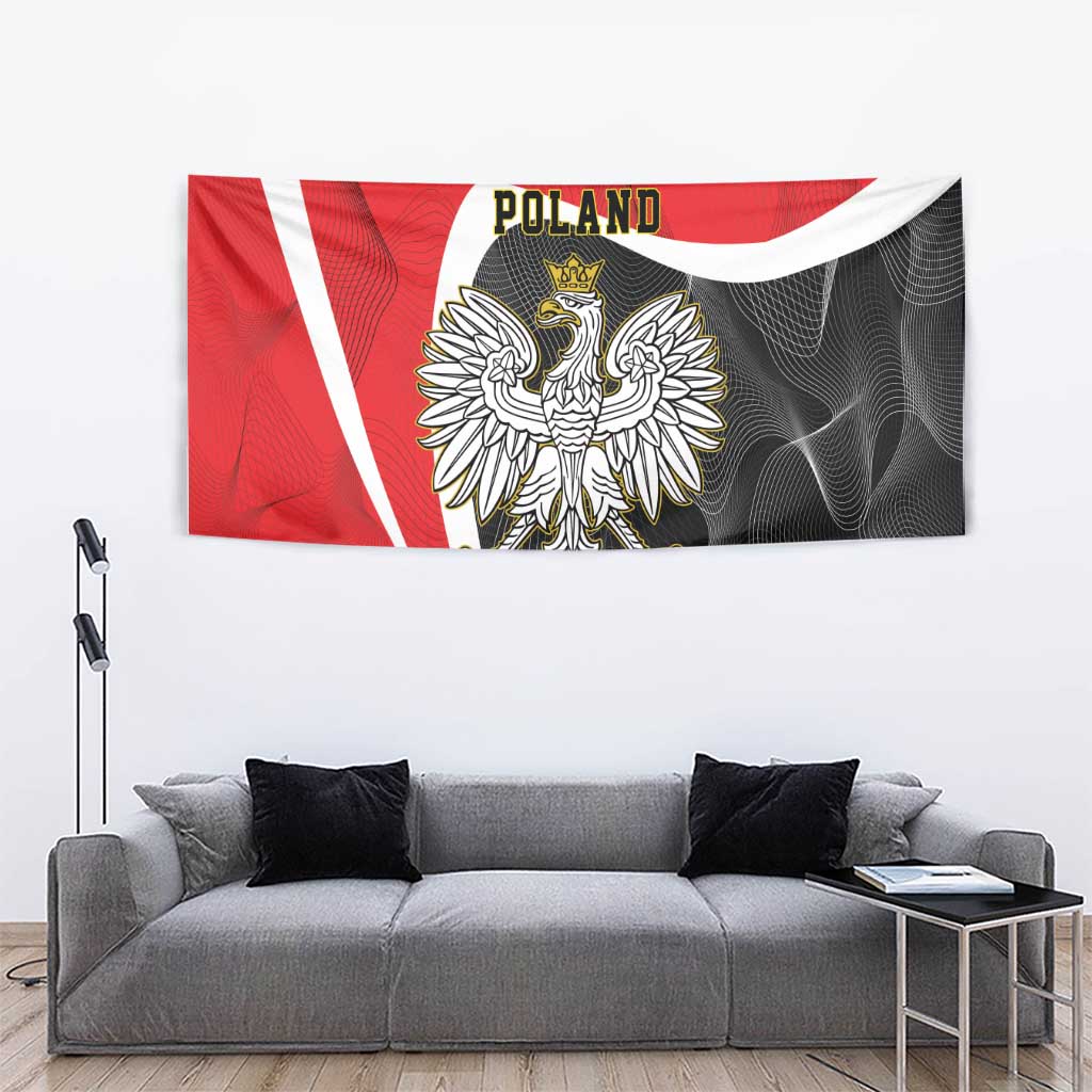 Poland tapestry stretched on wall with crowned eagle emblem and POLAND lettering, red and dark gray.