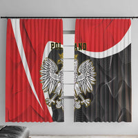Two-pane curtain view: red outer, black inner with white stripe and eagle emblem