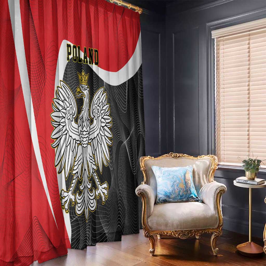 Close view of red and black curtains with white stripe and crowned eagle crest