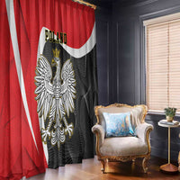 Close view of red and black curtains with white stripe and crowned eagle crest