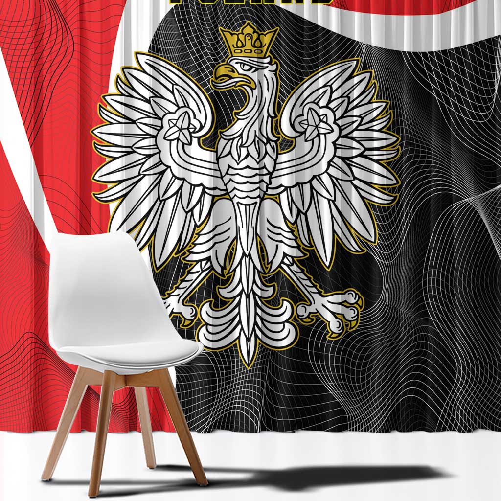 Detailed crowned eagle crest printed on black curtain fabric with red side border