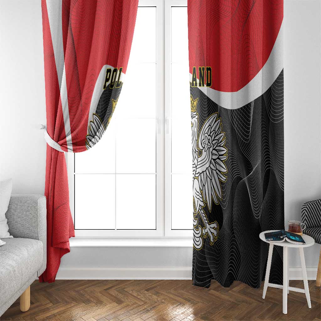 Red and black window curtains with white stripe and crowned eagle crest on panels