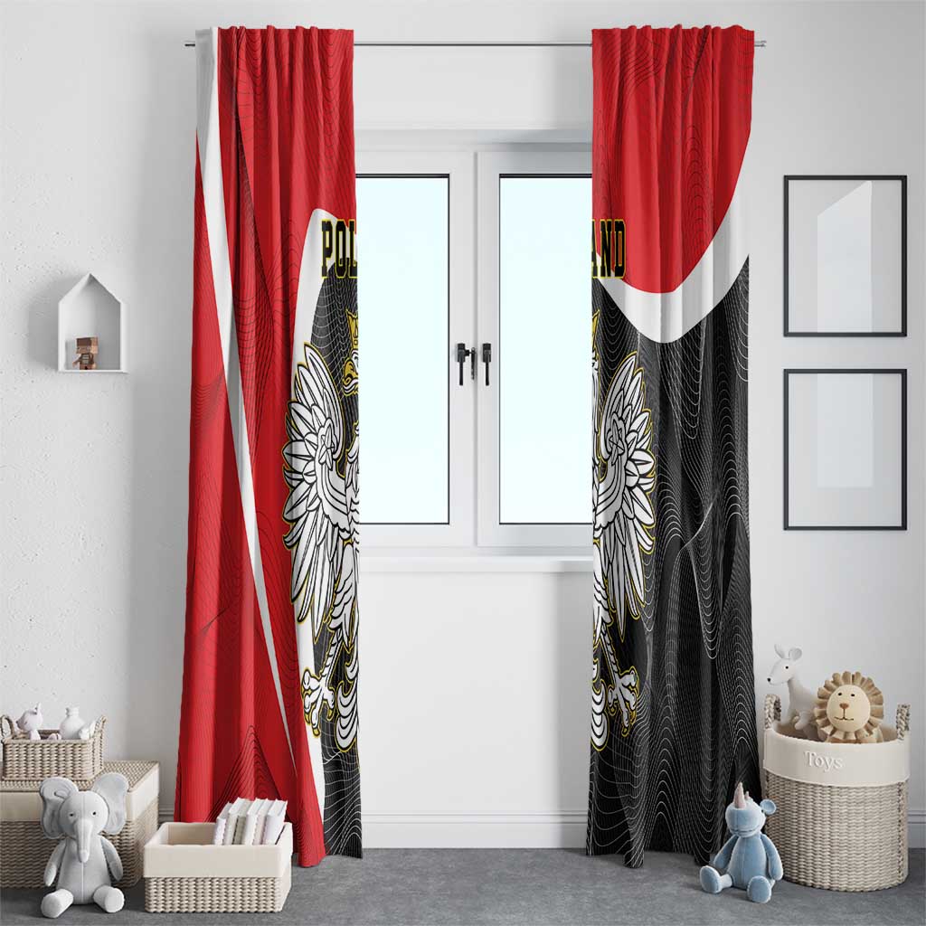 Pair of red window curtains with black side panels, white stripe, and eagle emblem