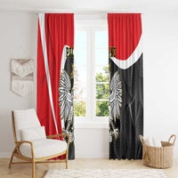 Red and black curtain set with white diagonal stripe and crowned eagle design