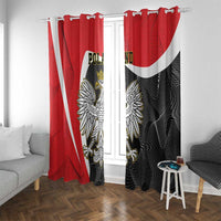 Window curtain pair with red hems, black patterned panels, and white stripe eagle design