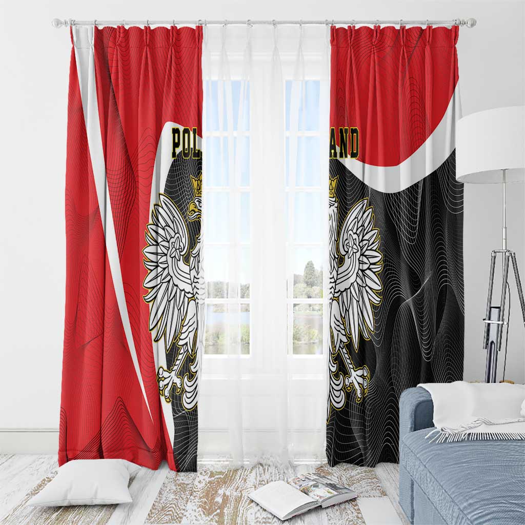 Red and black curtains on top rings, featuring white stripe and crowned eagle artwork