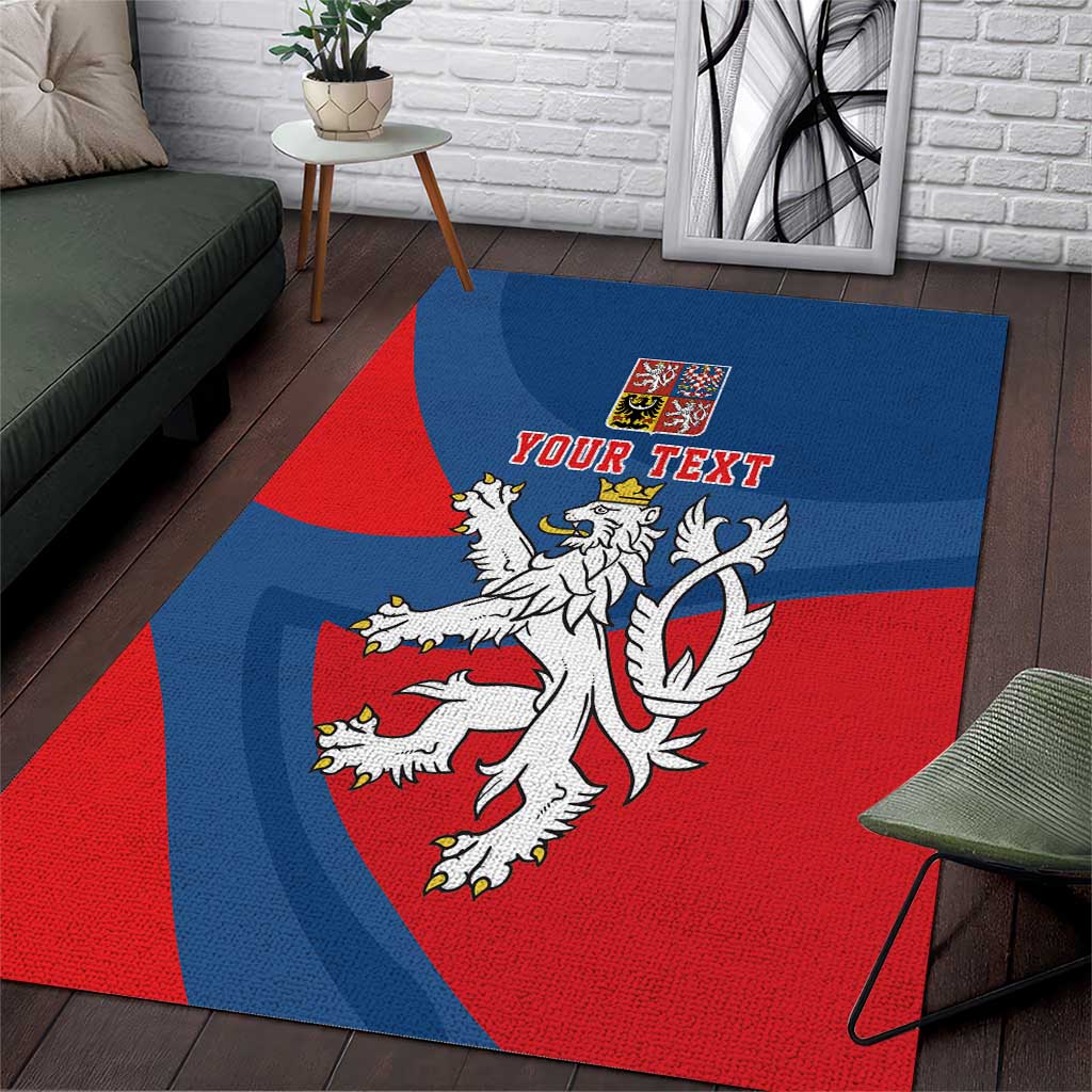 Red and blue area rug with Czech coat of arms double-tailed lion and “YOUR TEXT”