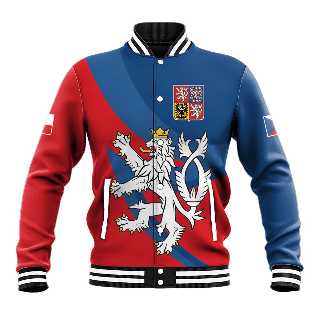 Czech coat of arms baseball jacket, red/blue color-block, snap buttons, striped collar