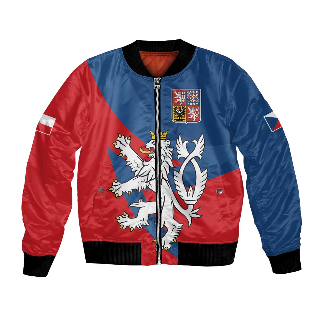 Unisex bomber jacket with Czech coat of arms lion, red and blue satin, black ribbed cuffs