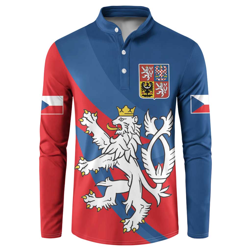 Men's henley sweatshirt with Czech crest lion on blue-red panels, button placket