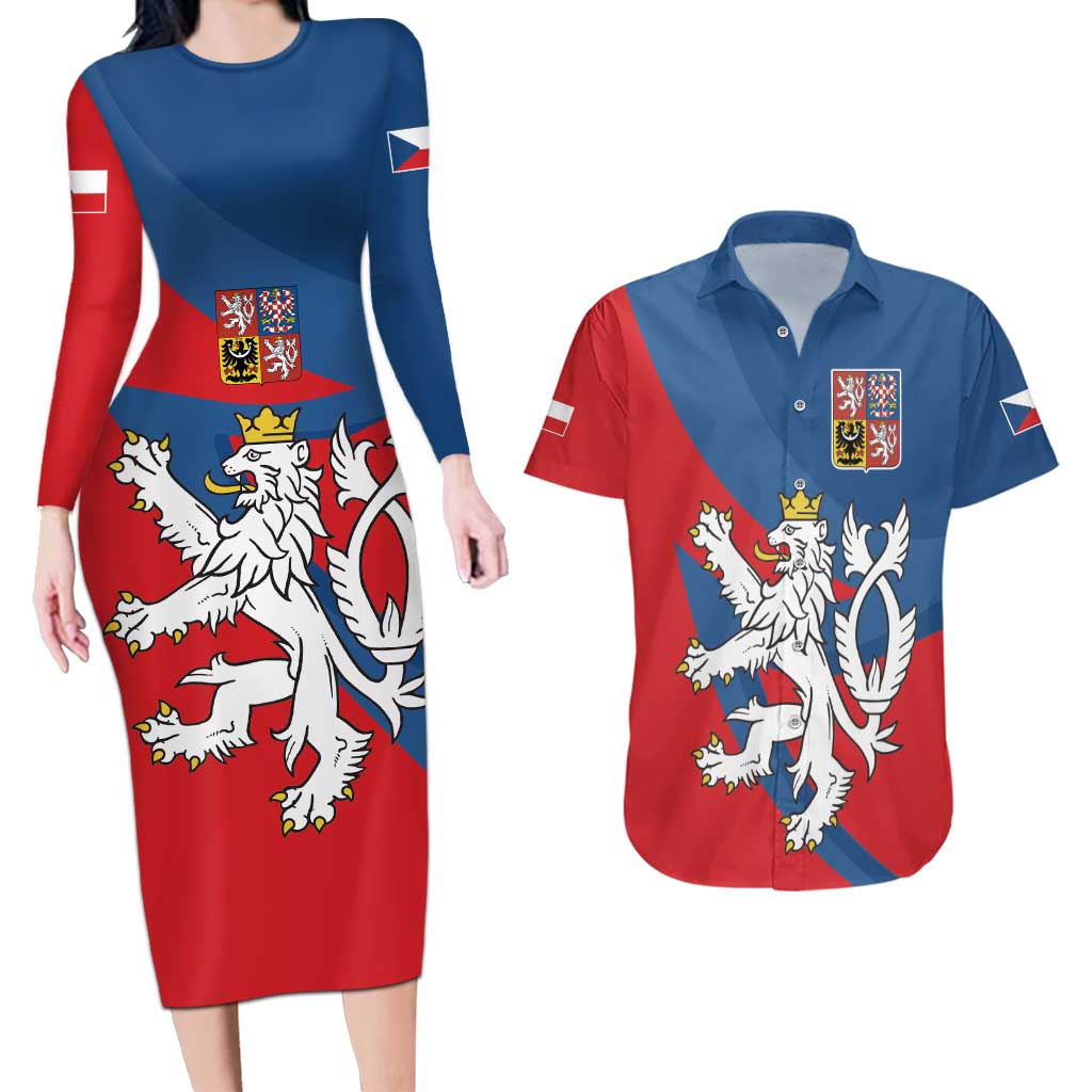 Personalized Czech Republic Coat of Arms Couples Matching Long Sleeve Bodycon Dress and Hawaiian Shirt Statni Znak Ceske Republiky - Silver Double-tailed Lion