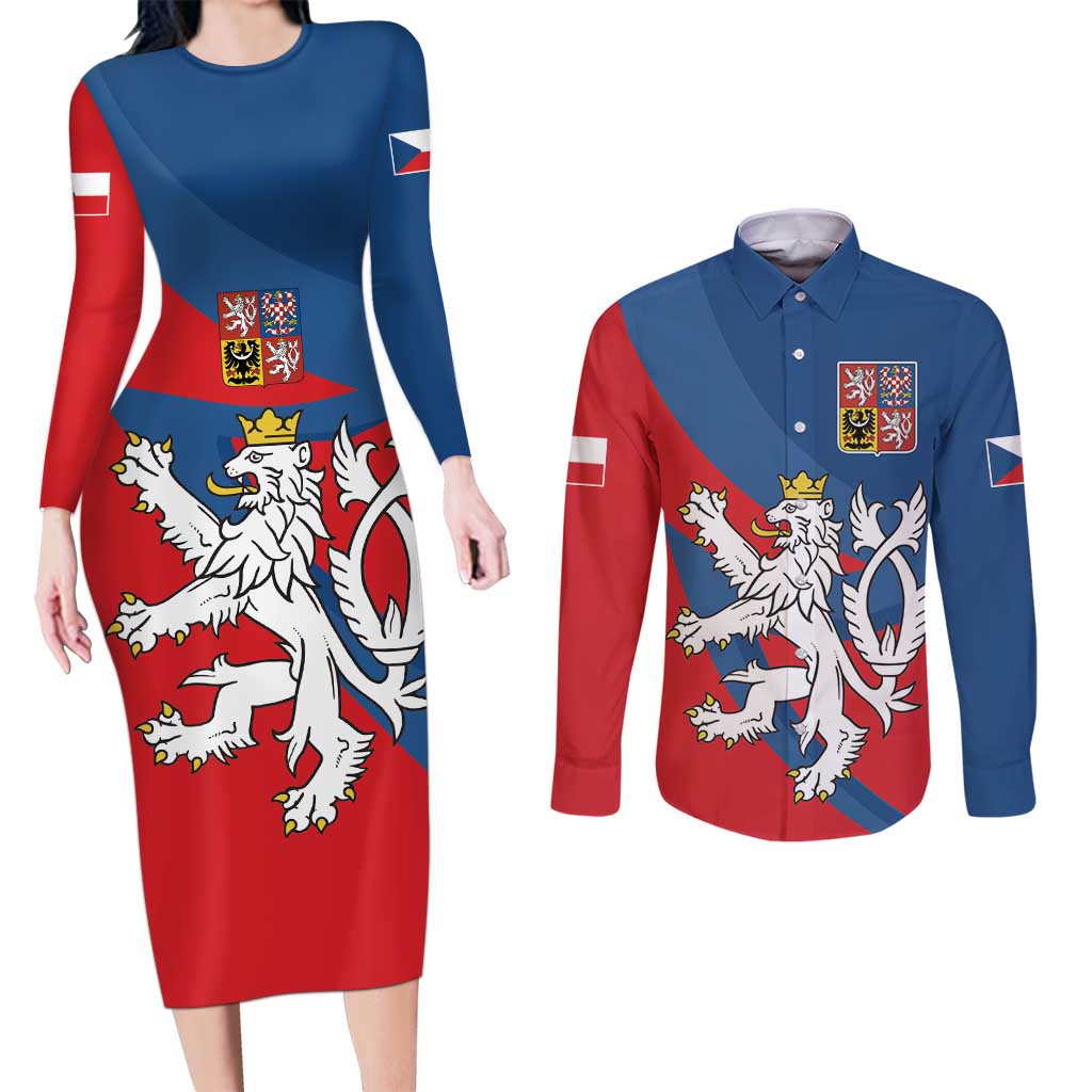 Personalized Czech Republic Coat of Arms Couples Matching Long Sleeve Bodycon Dress and Long Sleeve Button Shirt Statni Znak Ceske Republiky - Silver Double-tailed Lion