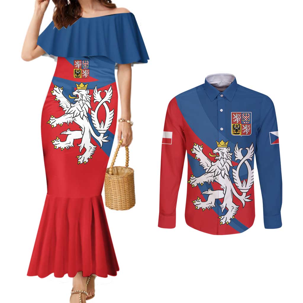 Personalized Czech Republic Coat of Arms Couples Matching Mermaid Dress and Long Sleeve Button Shirt Statni Znak Ceske Republiky - Silver Double-tailed Lion