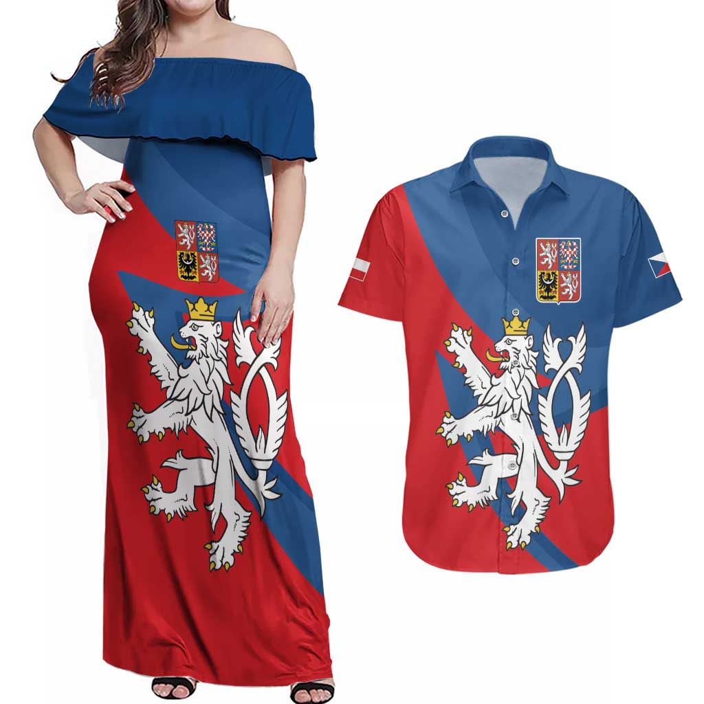 Personalized Czech Republic Coat of Arms Couples Matching Off Shoulder Maxi Dress and Hawaiian Shirt Statni Znak Ceske Republiky - Silver Double-tailed Lion