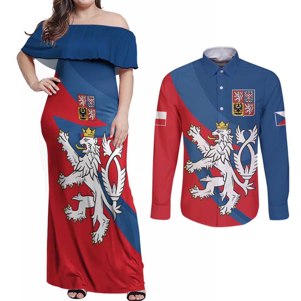 Personalized Czech Republic Coat of Arms Couples Matching Off Shoulder Maxi Dress and Long Sleeve Button Shirt Statni Znak Ceske Republiky - Silver Double-tailed Lion