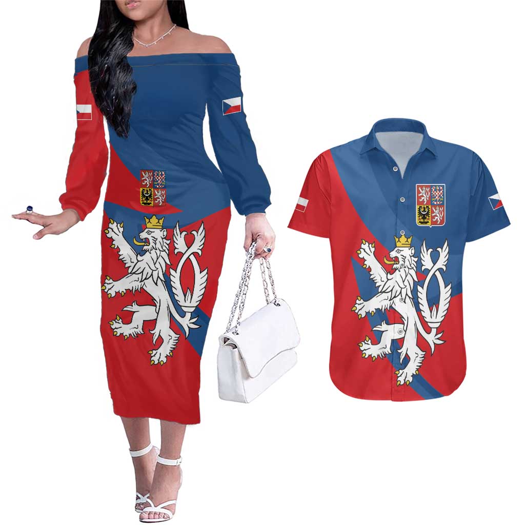 Personalized Czech Republic Coat of Arms Couples Matching Off The Shoulder Long Sleeve Dress and Hawaiian Shirt Statni Znak Ceske Republiky - Silver Double-tailed Lion