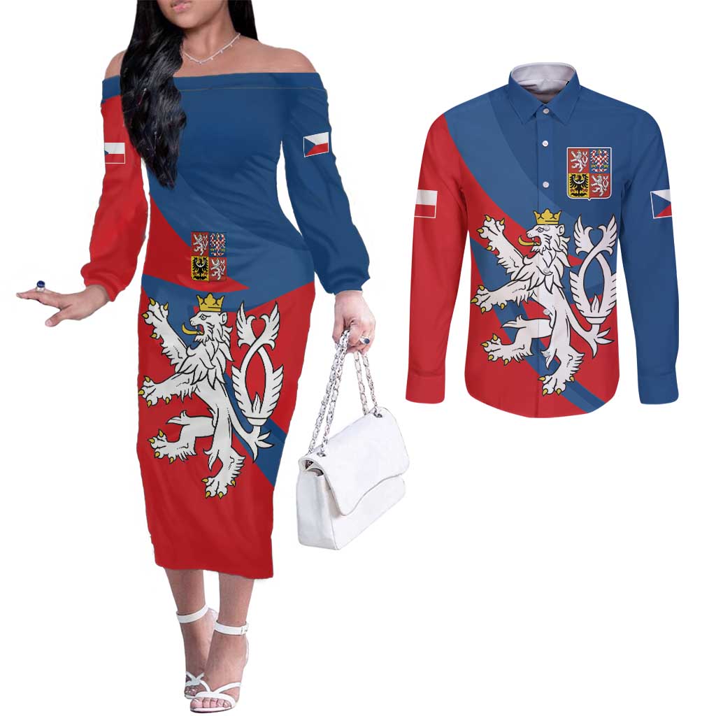 Personalized Czech Republic Coat of Arms Couples Matching Off The Shoulder Long Sleeve Dress and Long Sleeve Button Shirt Statni Znak Ceske Republiky - Silver Double-tailed Lion