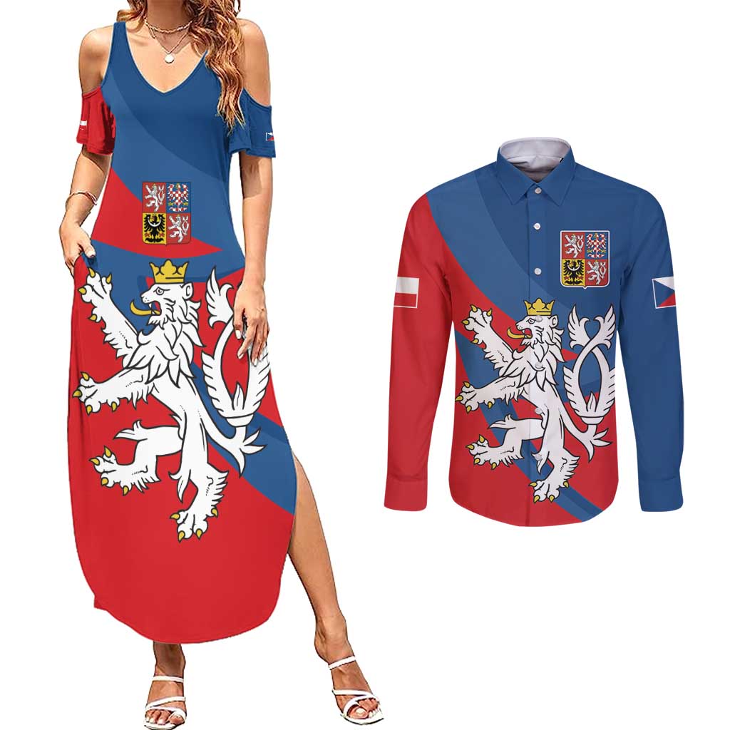 Personalized Czech Republic Coat of Arms Couples Matching Summer Maxi Dress and Long Sleeve Button Shirt Statni Znak Ceske Republiky - Silver Double-tailed Lion