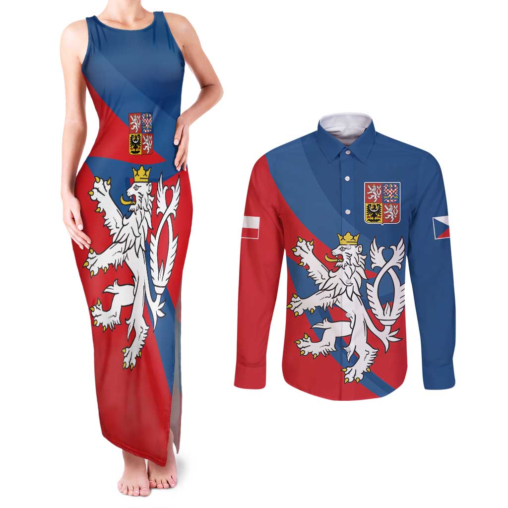 Personalized Czech Republic Coat of Arms Couples Matching Tank Maxi Dress and Long Sleeve Button Shirt Statni Znak Ceske Republiky - Silver Double-tailed Lion