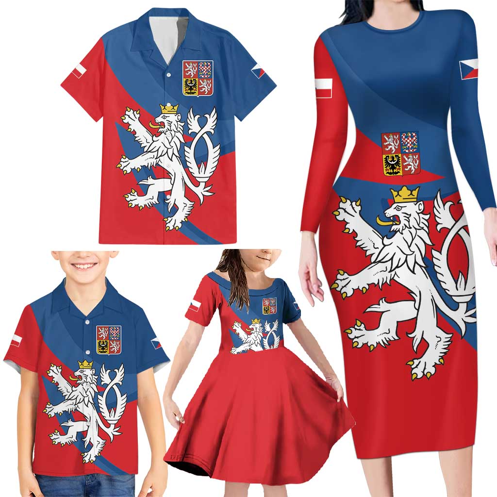 Personalized Czech Republic Coat of Arms Family Matching Long Sleeve Bodycon Dress and Hawaiian Shirt Statni Znak Ceske Republiky - Silver Double-tailed Lion