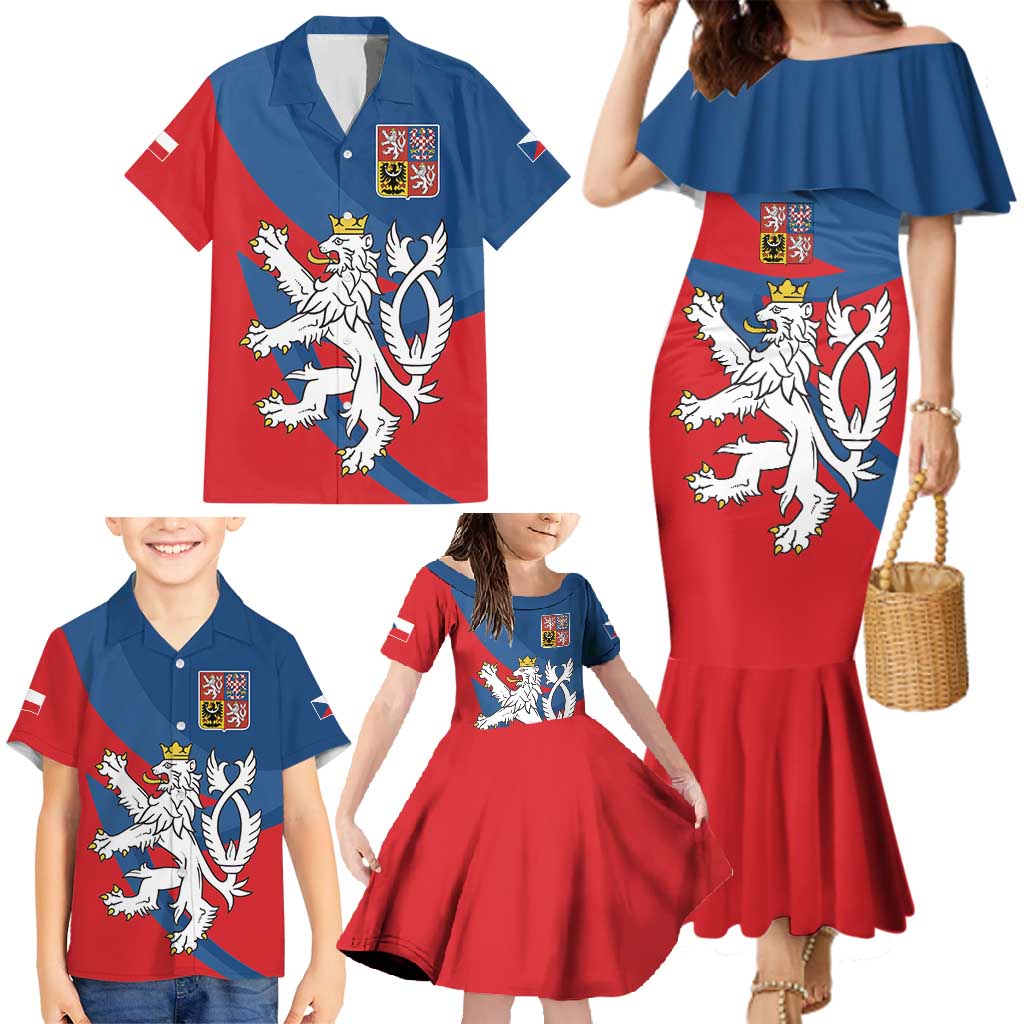 Personalized Czech Republic Coat of Arms Family Matching Mermaid Dress and Hawaiian Shirt Statni Znak Ceske Republiky - Silver Double-tailed Lion