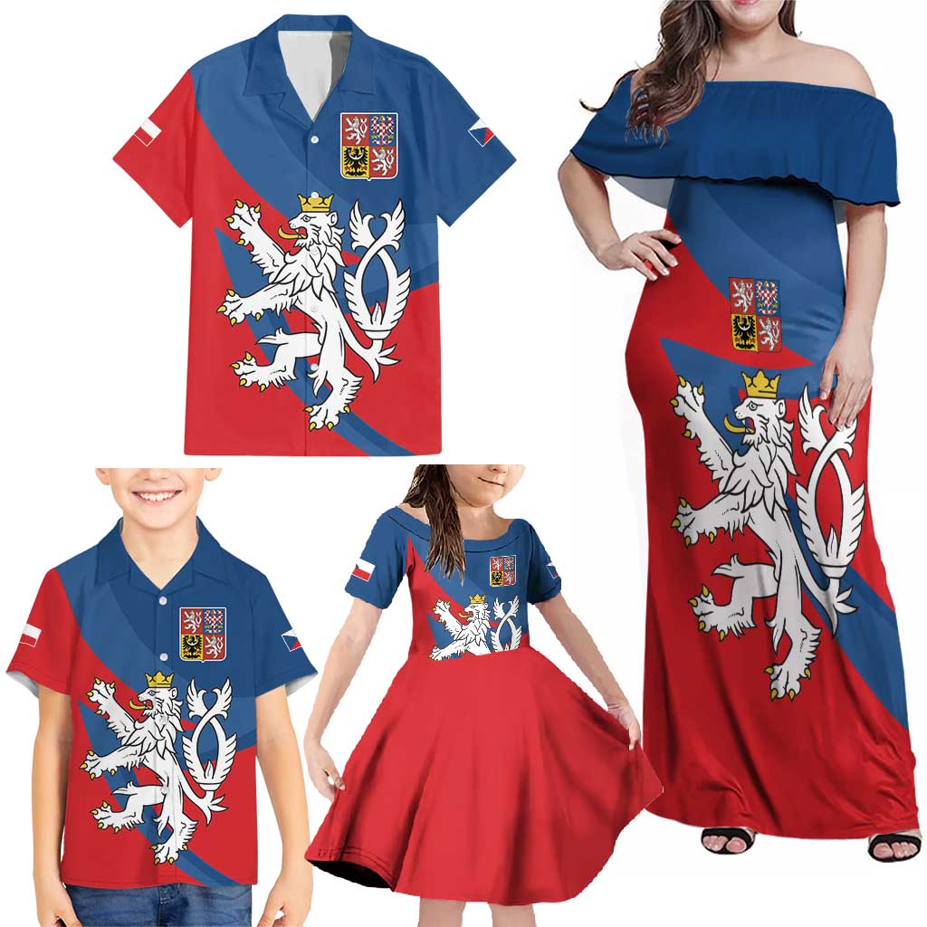 Personalized Czech Republic Coat of Arms Family Matching Off Shoulder Maxi Dress and Hawaiian Shirt Statni Znak Ceske Republiky - Silver Double-tailed Lion