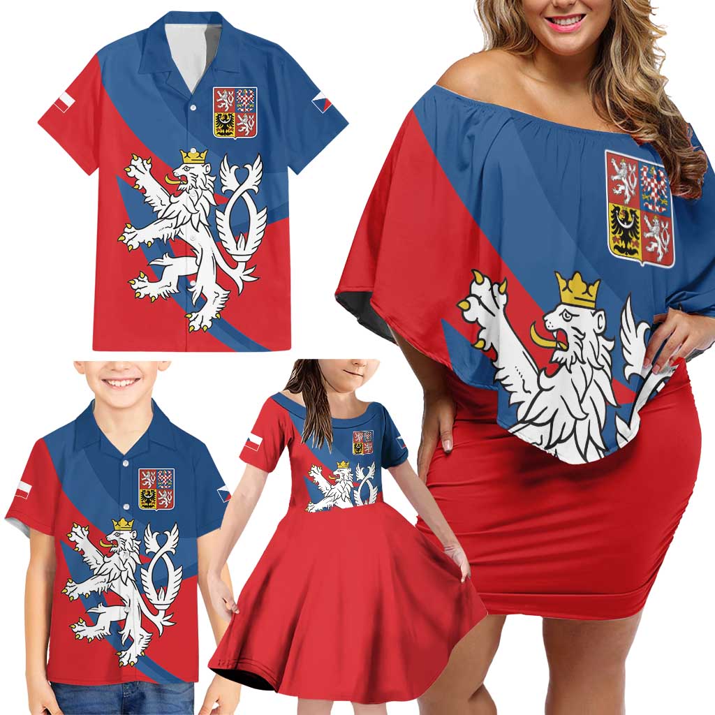 Personalized Czech Republic Coat of Arms Family Matching Off Shoulder Short Dress and Hawaiian Shirt Statni Znak Ceske Republiky - Silver Double-tailed Lion