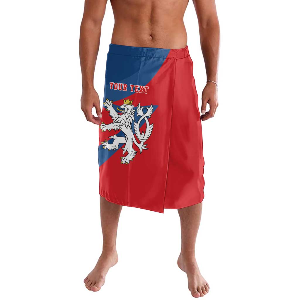 Red lavalava skirt with blue waistband and Czech coat of arms graphic