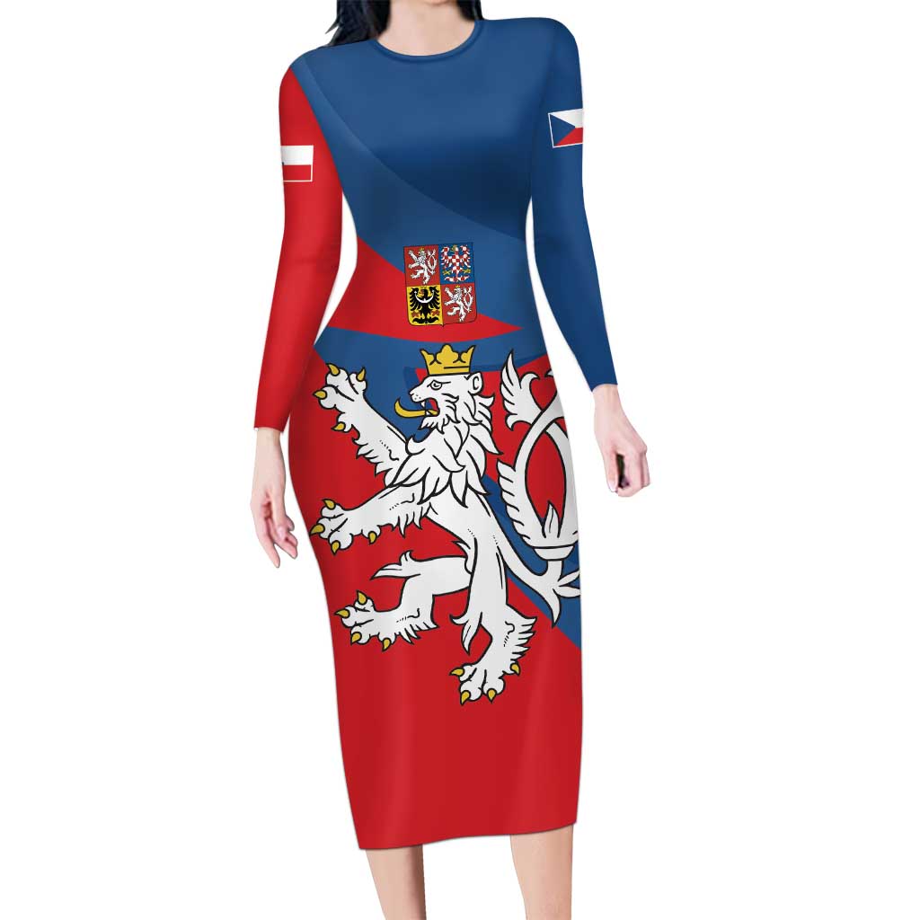 Personalized Czech Republic Coat of Arms Long Sleeve Bodycon Dress Statni Znak Ceske Republiky - Silver Double-tailed Lion