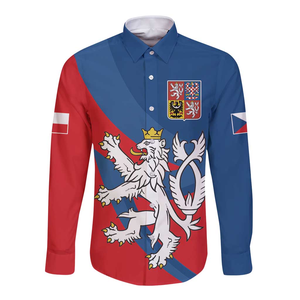 Red and blue long-sleeve button shirt with Czech coat of arms crest on chest.