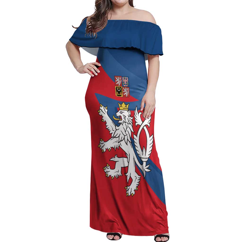 Personalized Czech Republic Coat of Arms Off Shoulder Maxi Dress Statni Znak Ceske Republiky - Silver Double-tailed Lion LT17 - Wonder Print Shop