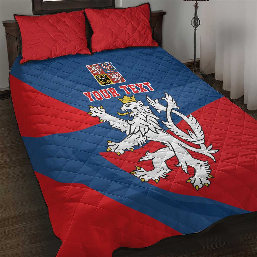 Red and blue quilt bed set with Czech emblem, “Your Text,” and two pillow shams