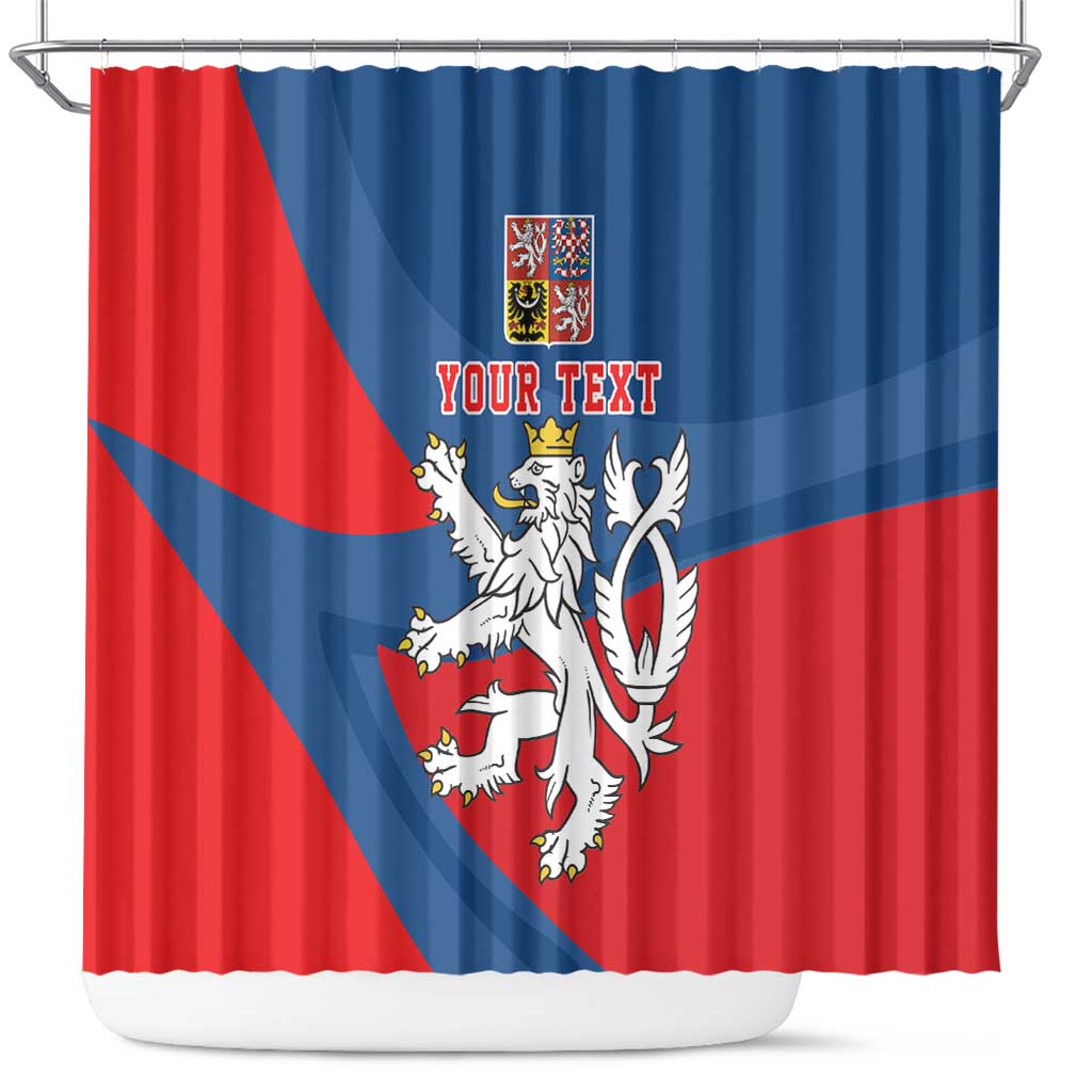 Red and blue shower curtain with centered Czech coat of arms lion and 'YOUR TEXT'