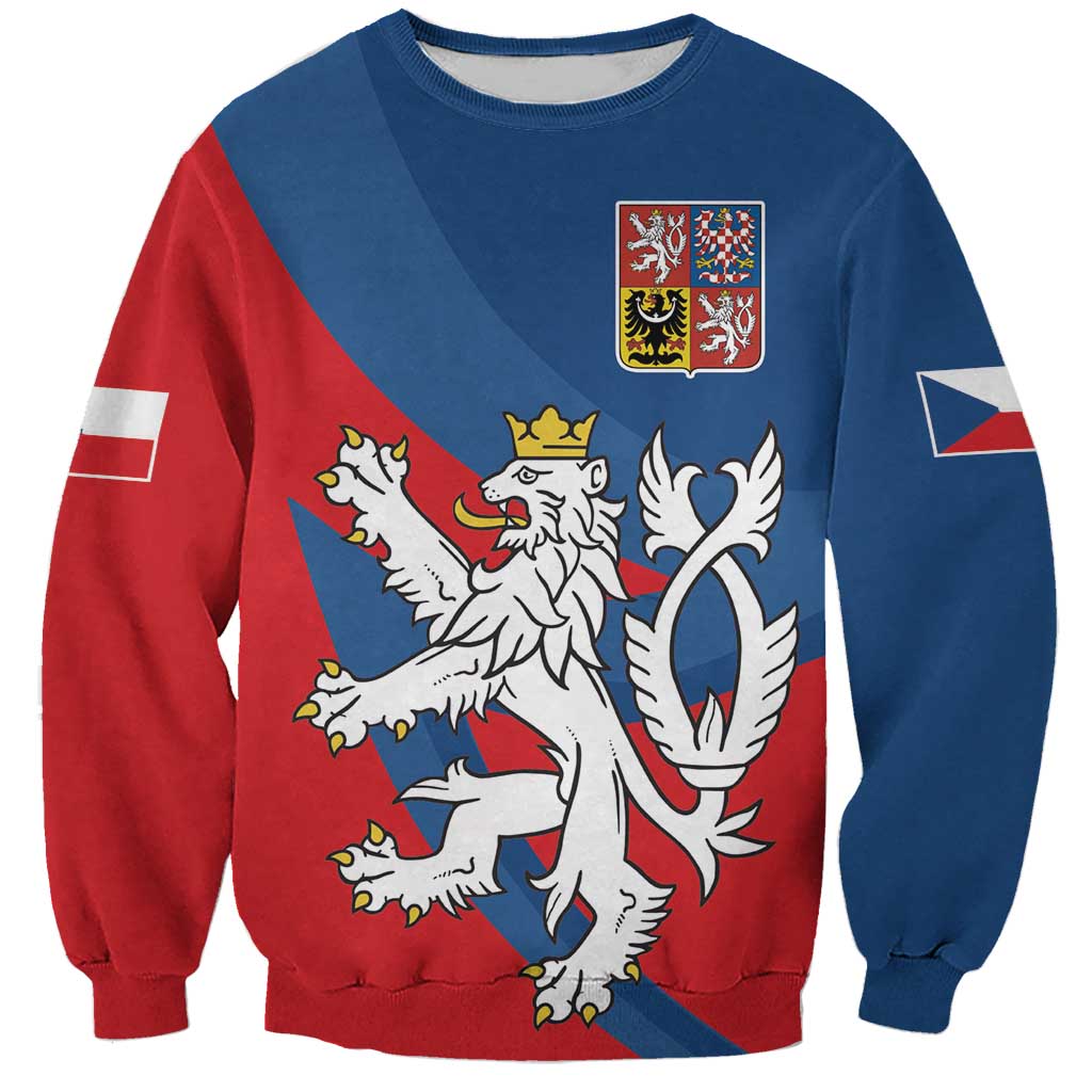 Unisex red-and-blue sweatshirt with Czech coat of arms crest and sleeve flag prints